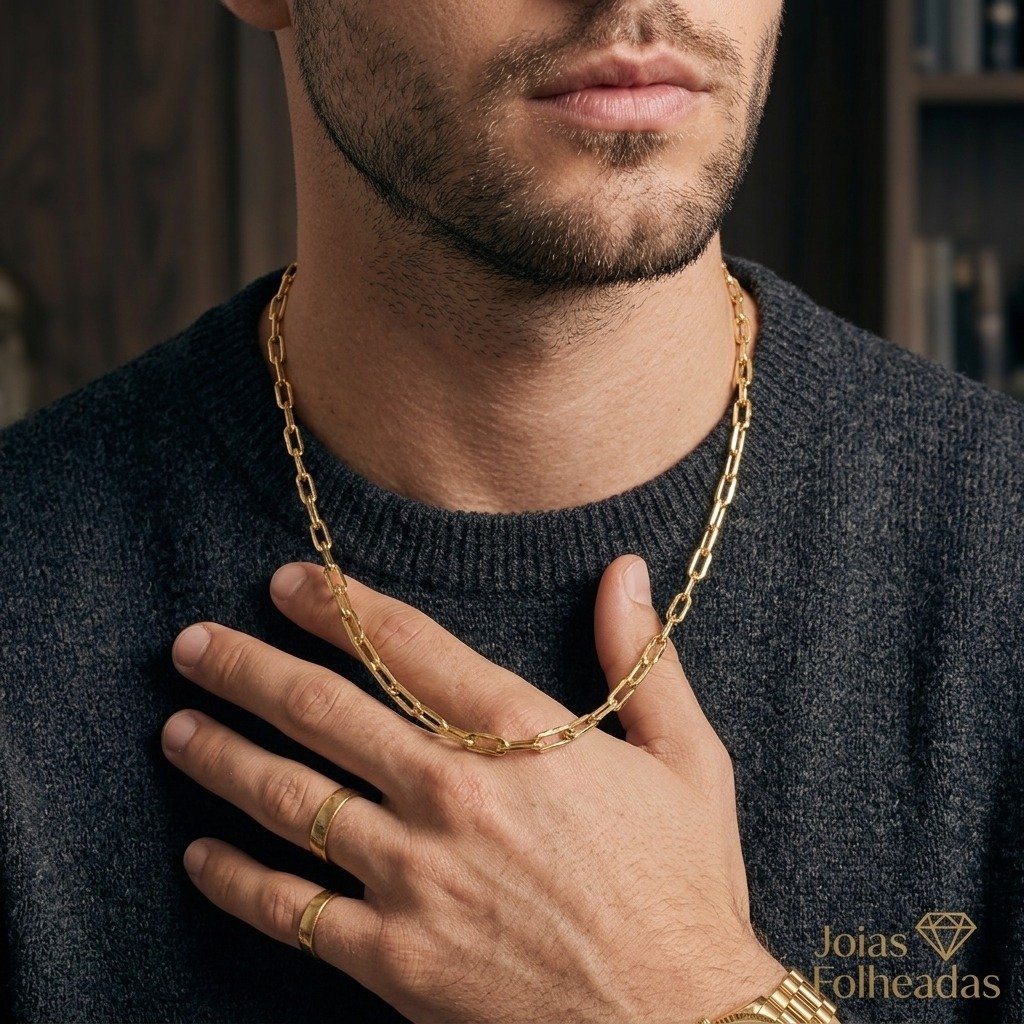 Gargantilha masculina longa folheada a ouro